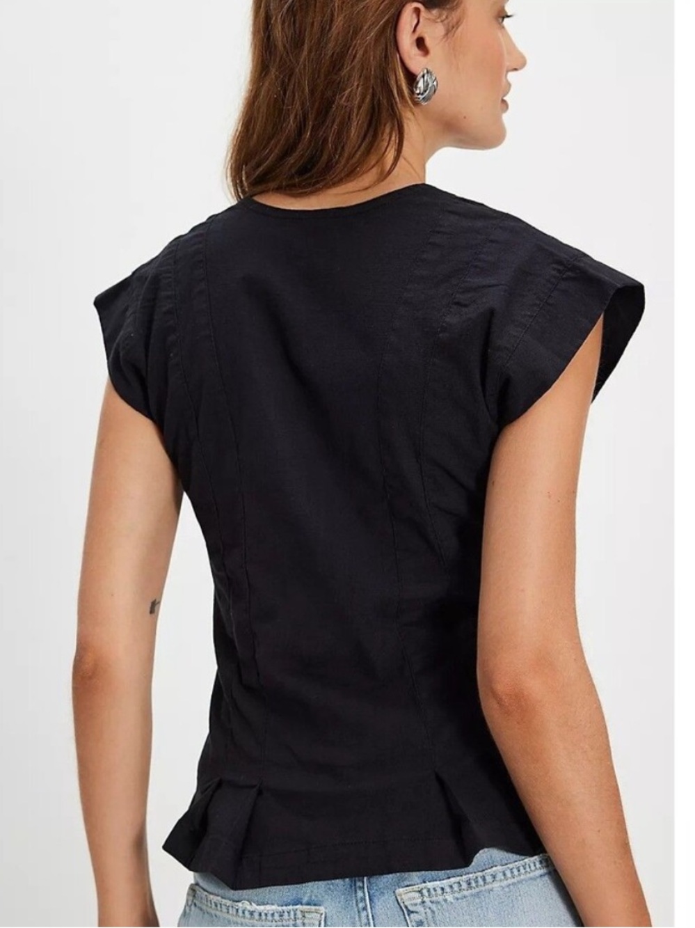 Free People Dylan Vest Blouse Top Shirt Buttondown Capped Sleeve Black Sz S - Picture 14 of 15